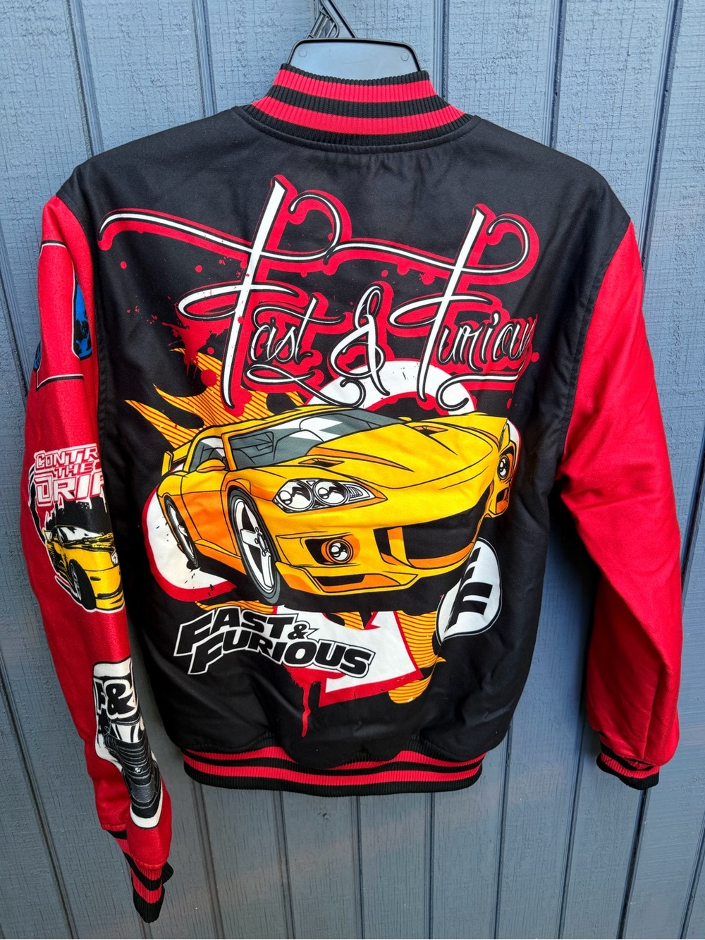 Reason Black and Red Graphic Bomber Jacket with Racing Prints size M
